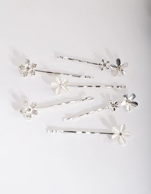 Silver Floral Stone Hair Clip Pack