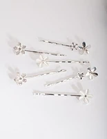 Silver Floral Stone Hair Clip Pack