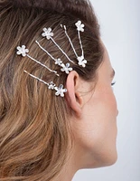 Silver Floral Stone Hair Clip Pack