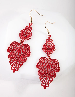 Red Filigree Leaf Earrings