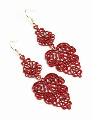 Red Filigree Leaf Earrings