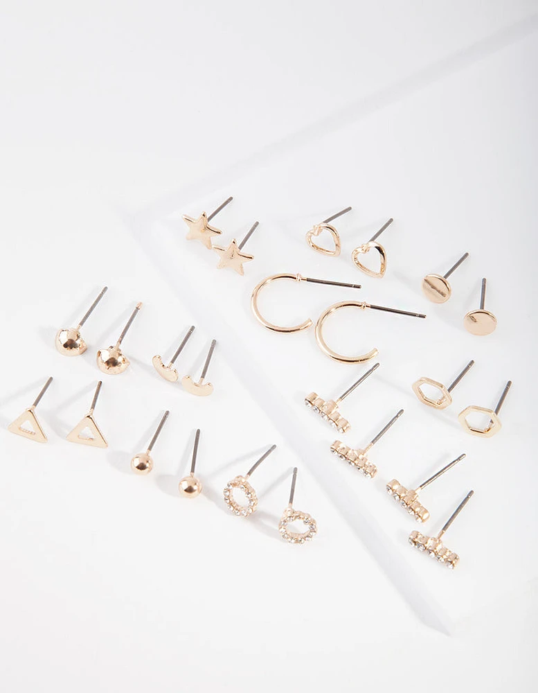 Gold Star & Geometric Shaped Stud Earring 12-Pack