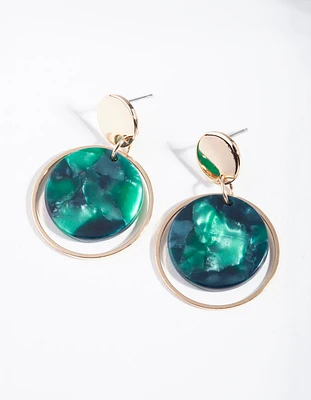 Gold Circle Blue Acrylic Disc Earrings