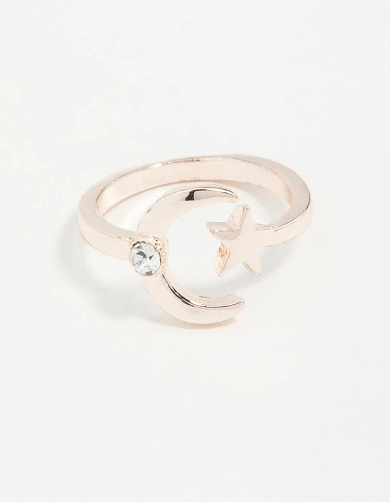 Rose Gold Open Moon Star Ring