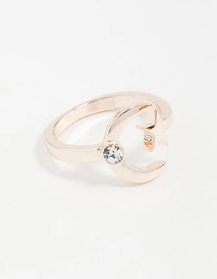 Rose Gold Open Moon Star Ring