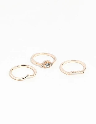 Rose Gold Diamante 3 Band Ring Stack