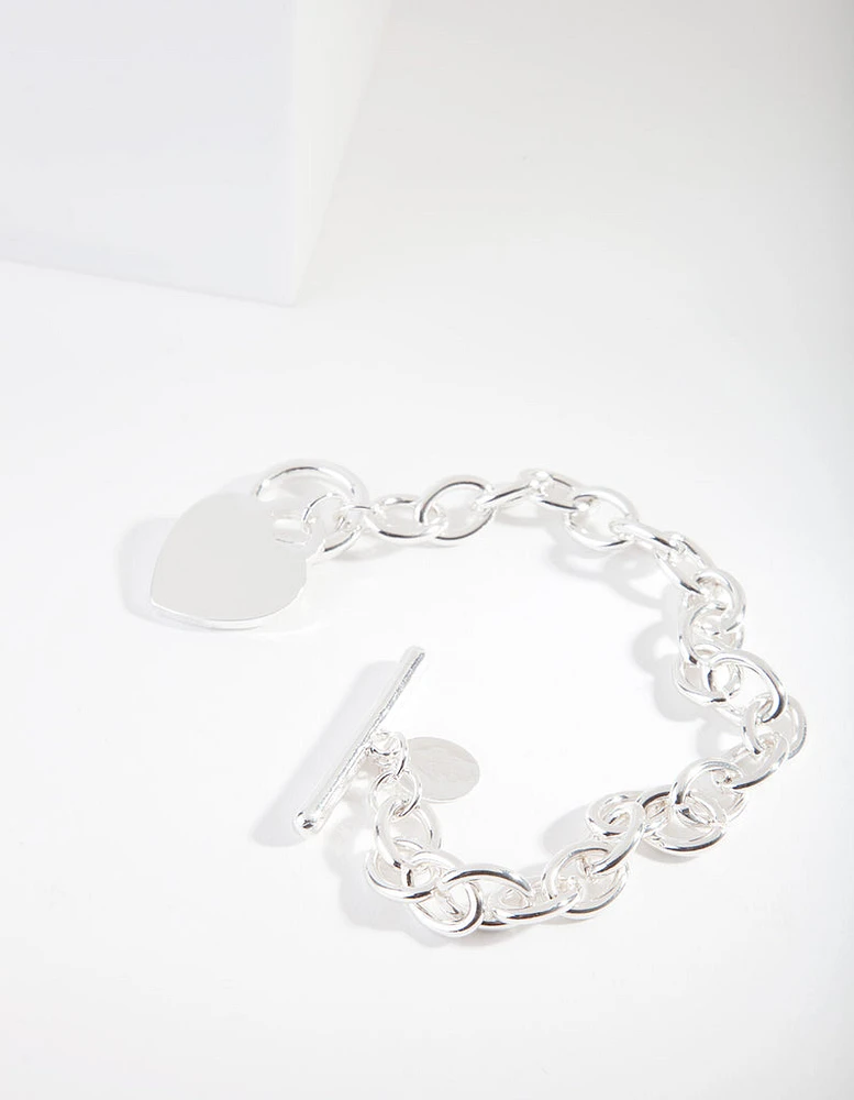 Silver Heart Charm Chain T Bar Bracelet