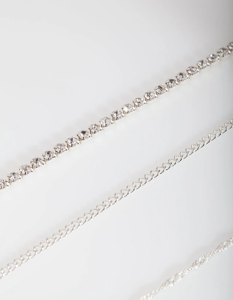 Silver Diamante Twist Anklet Bracelet 4-Pack