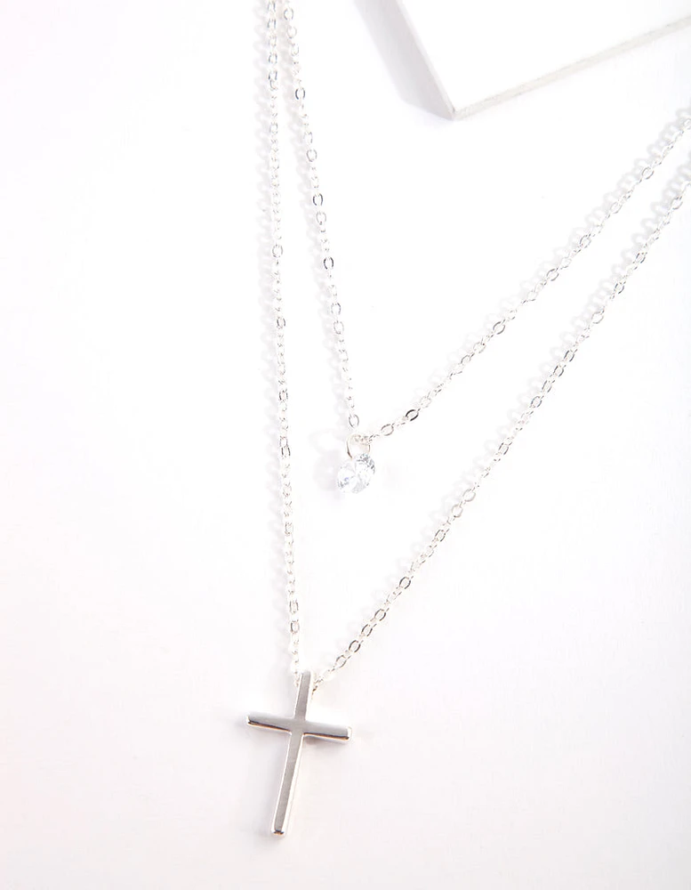 Cubic Zirconia Silver Multi Row Cross Necklace