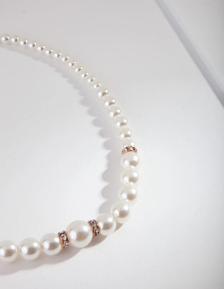 Rose Gold Diamante Disc Pearl Necklace