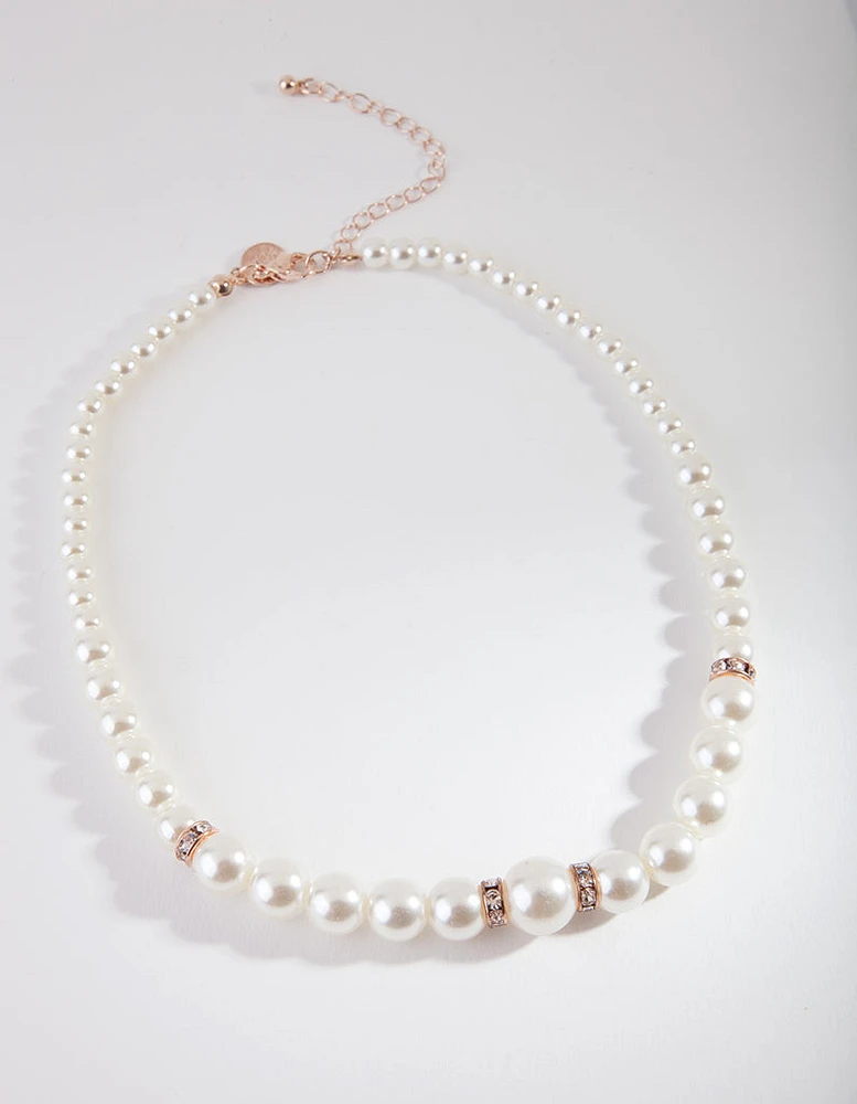 Rose Gold Diamante Disc Pearl Necklace