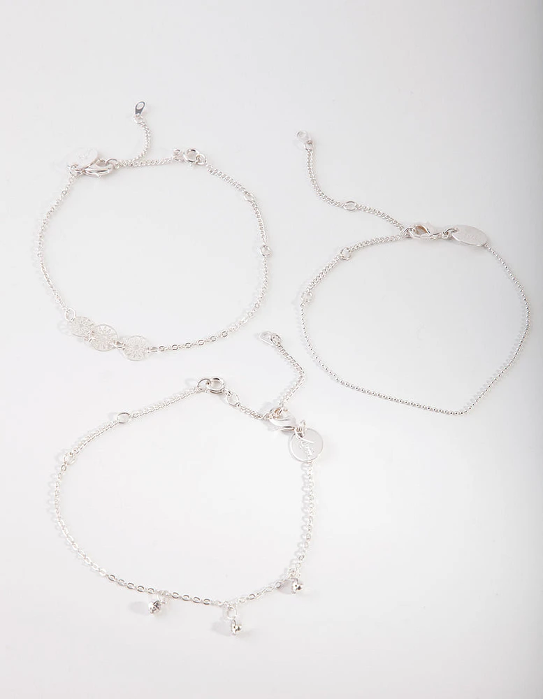 Silver 3 Disc Friendship Anklet Bracelet Pack