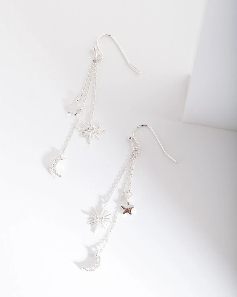 Silver Cubic Zirconia Celestial Chain Earrings