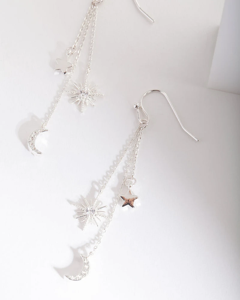 Silver Cubic Zirconia Celestial Chain Earrings