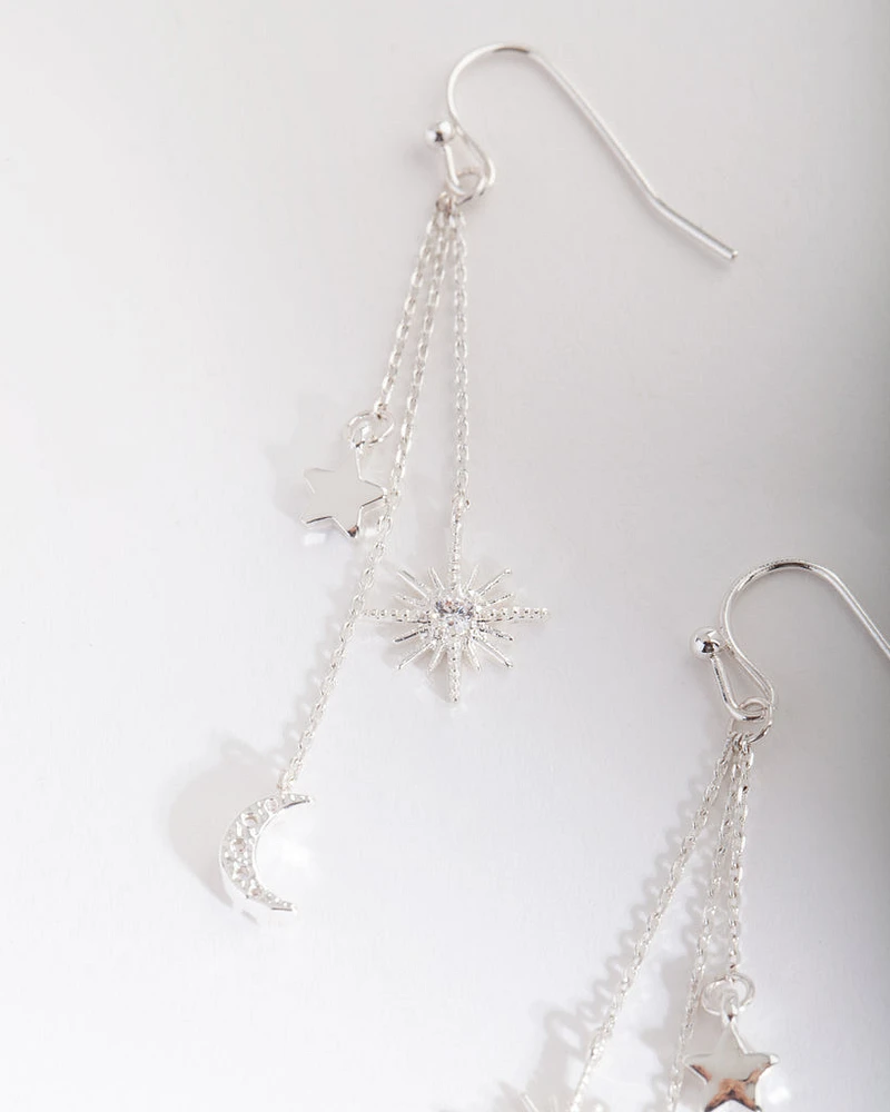 Silver Cubic Zirconia Celestial Chain Earrings