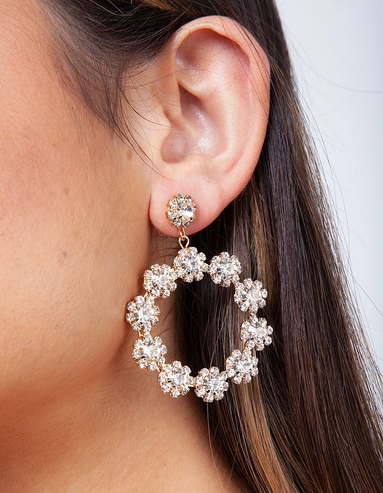 Gold Diamante Flower Circular Drop Earrings