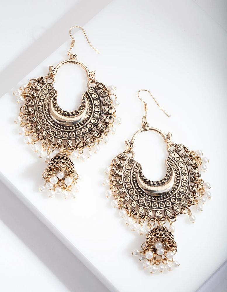 Antique Gold Pearl Tassel Drop Earrings