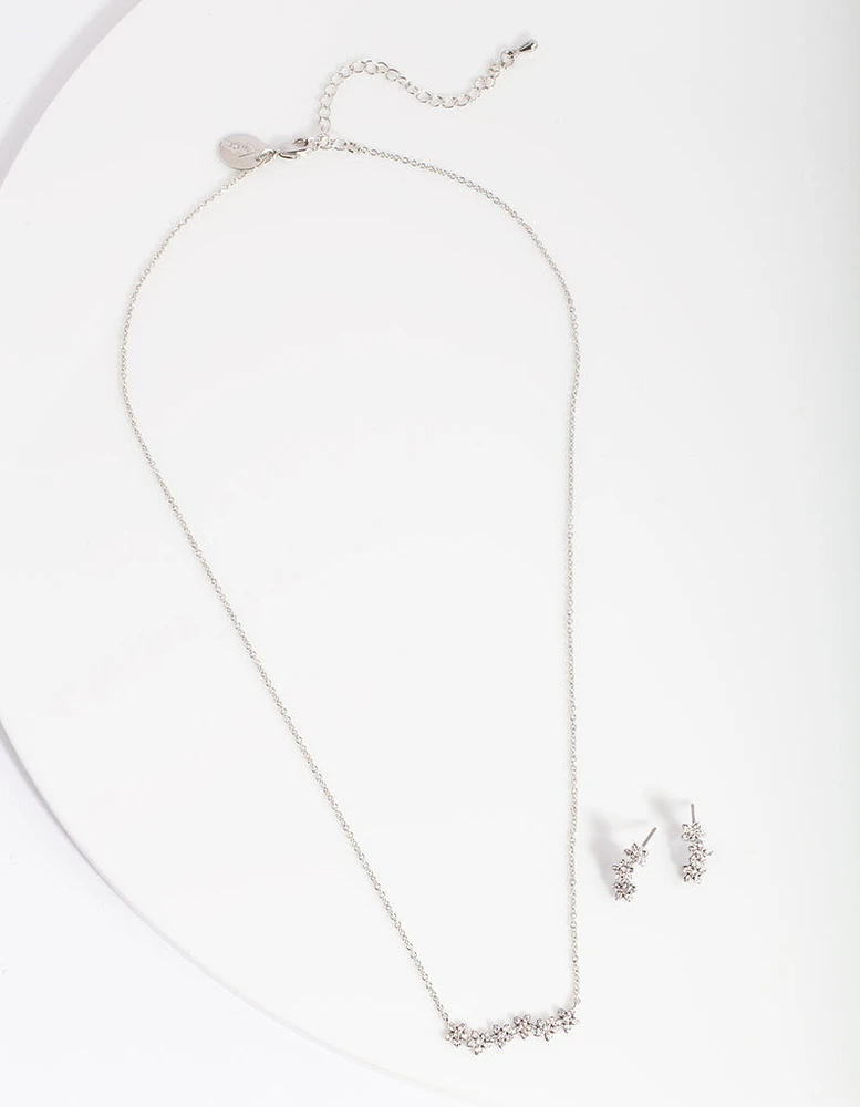 Silver Diamond Simulant Flower Cluster Necklace & Earrings Set