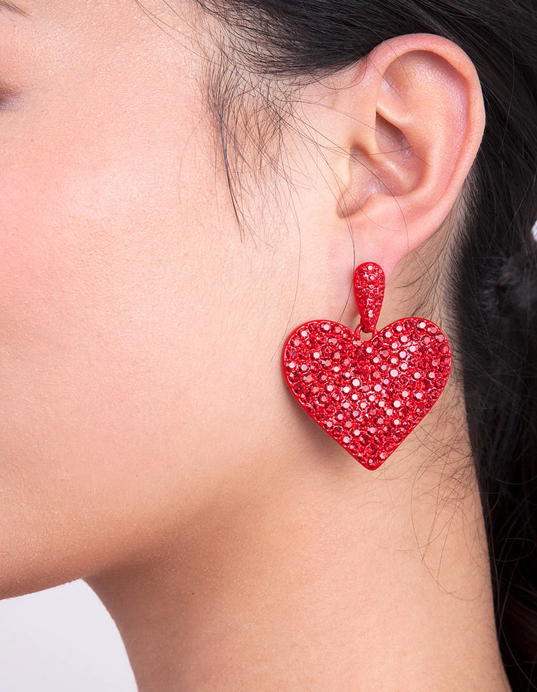 Red Diamante Statement Heart Earring