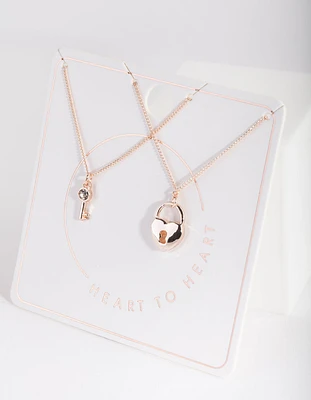 Rose Gold Lock Key Necklace Duo