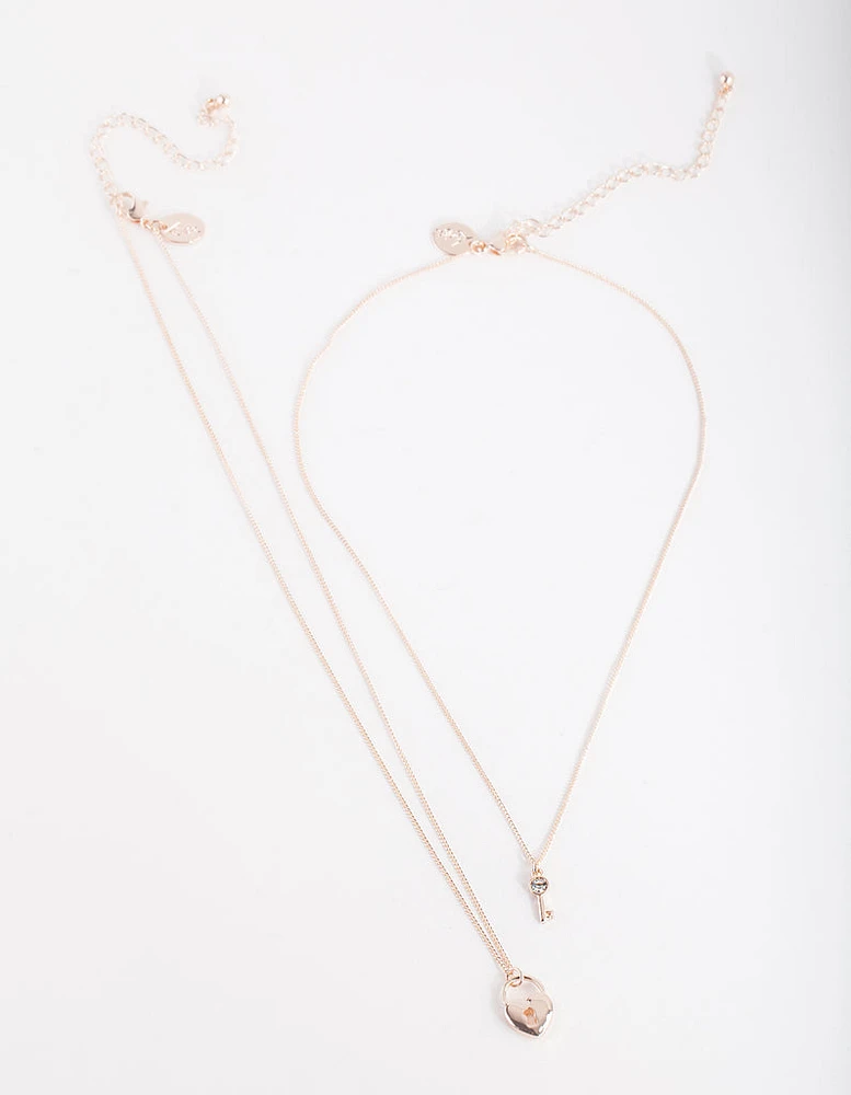 Rose Gold Lock Key Necklace Duo