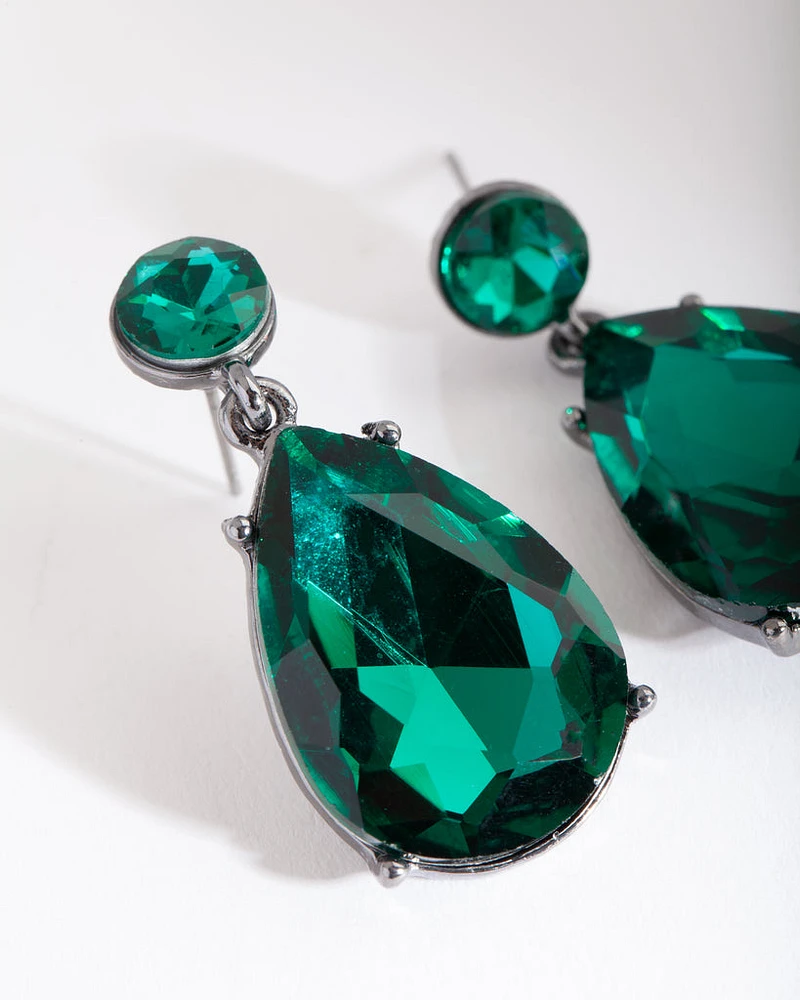 Green Gunmetal Teardrop Gem Earrings