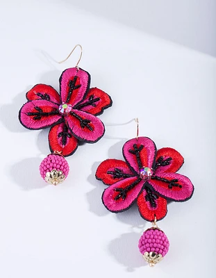 Red Embroidered Flower Earrings