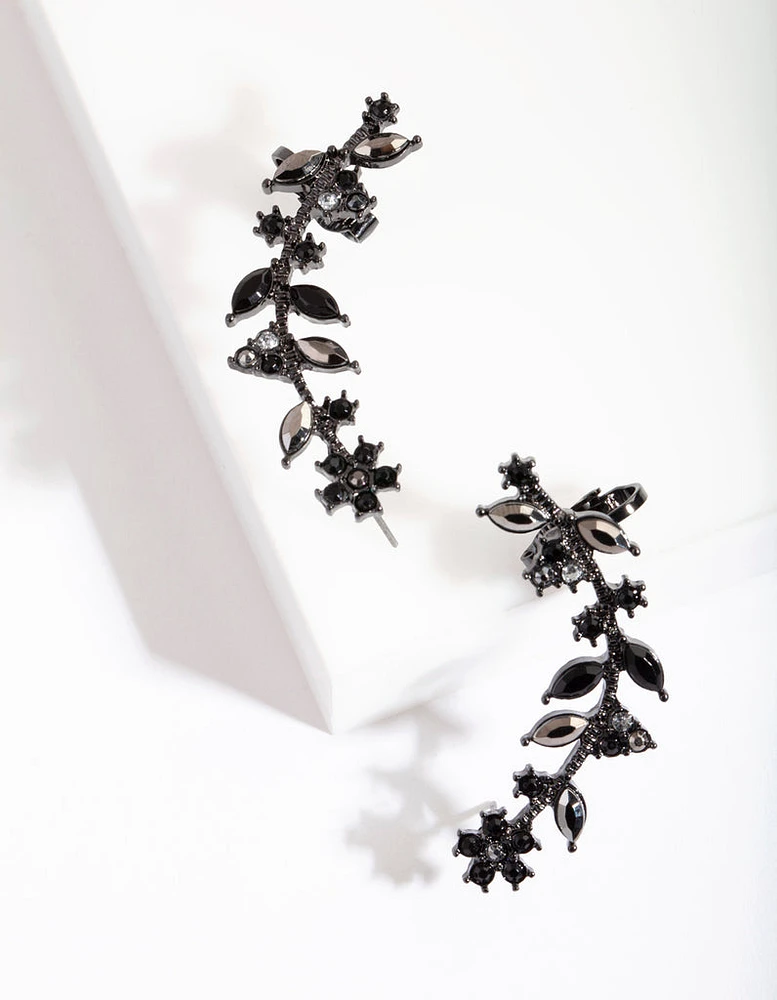 Gunmetal Diamante Flower Leaf Ear Cuff