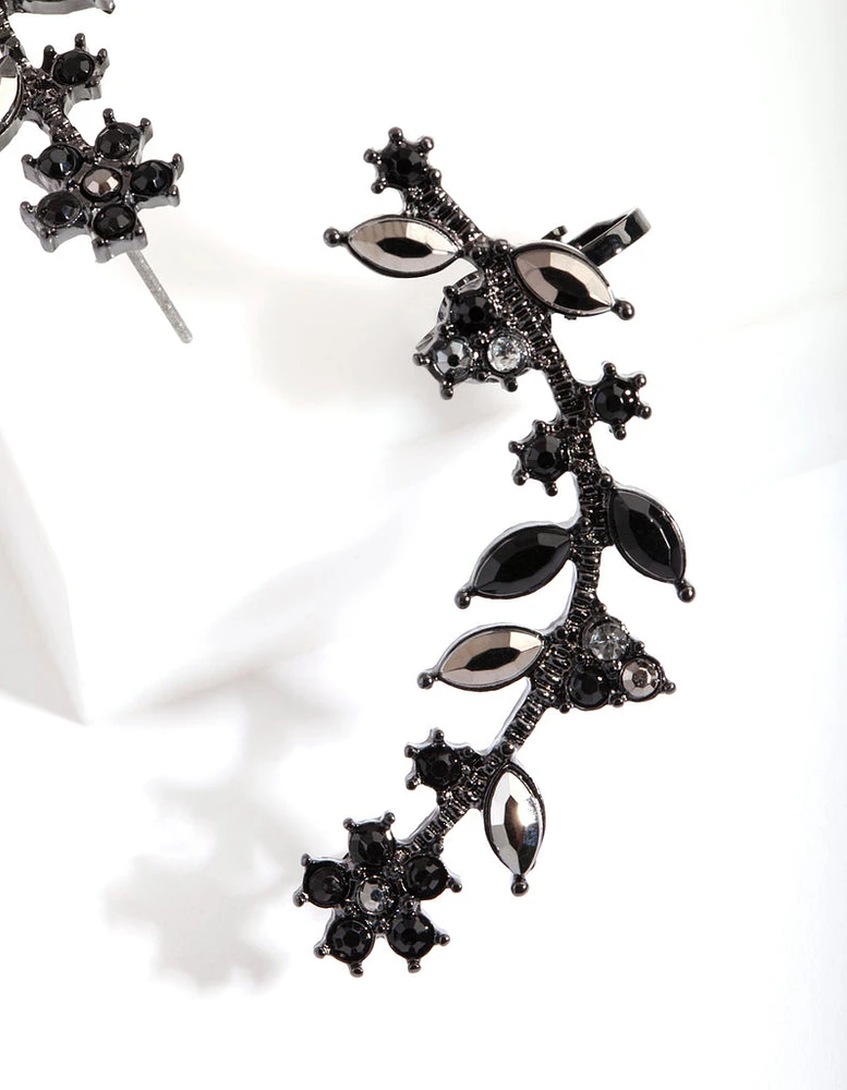 Gunmetal Diamante Flower Leaf Ear Cuff