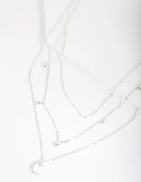 Silver Cubic Zirconia 3 Row Moon & Droplet Necklace