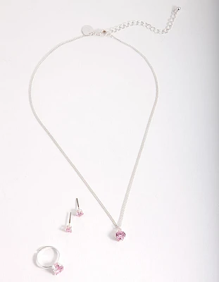 Kids Pink Cubic Zirconia Silver Jewellery Set