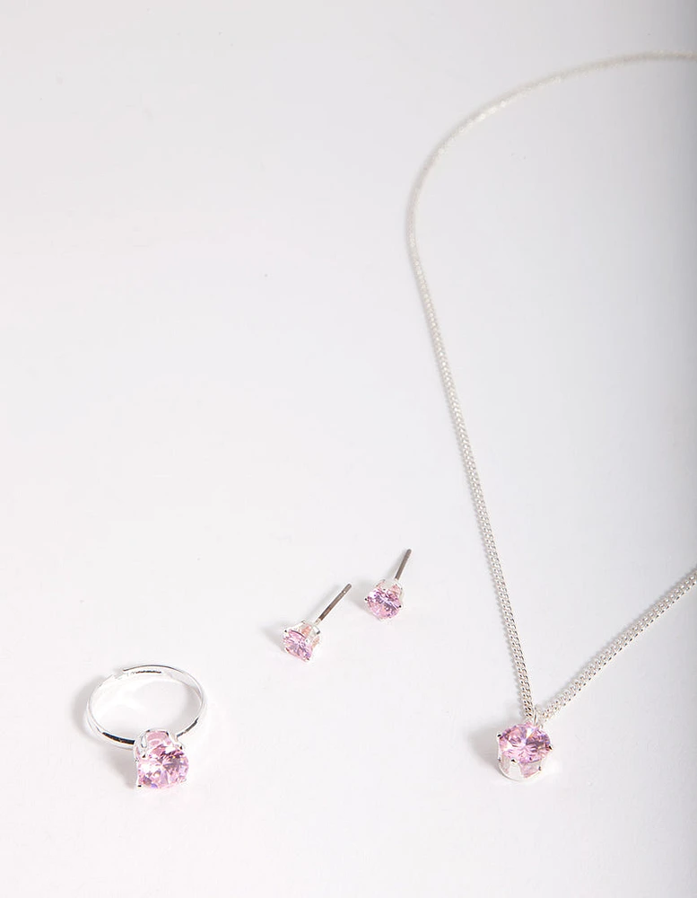 Kids Pink Cubic Zirconia Silver Jewellery Set