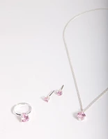 Kids Pink Cubic Zirconia Silver Jewellery Set