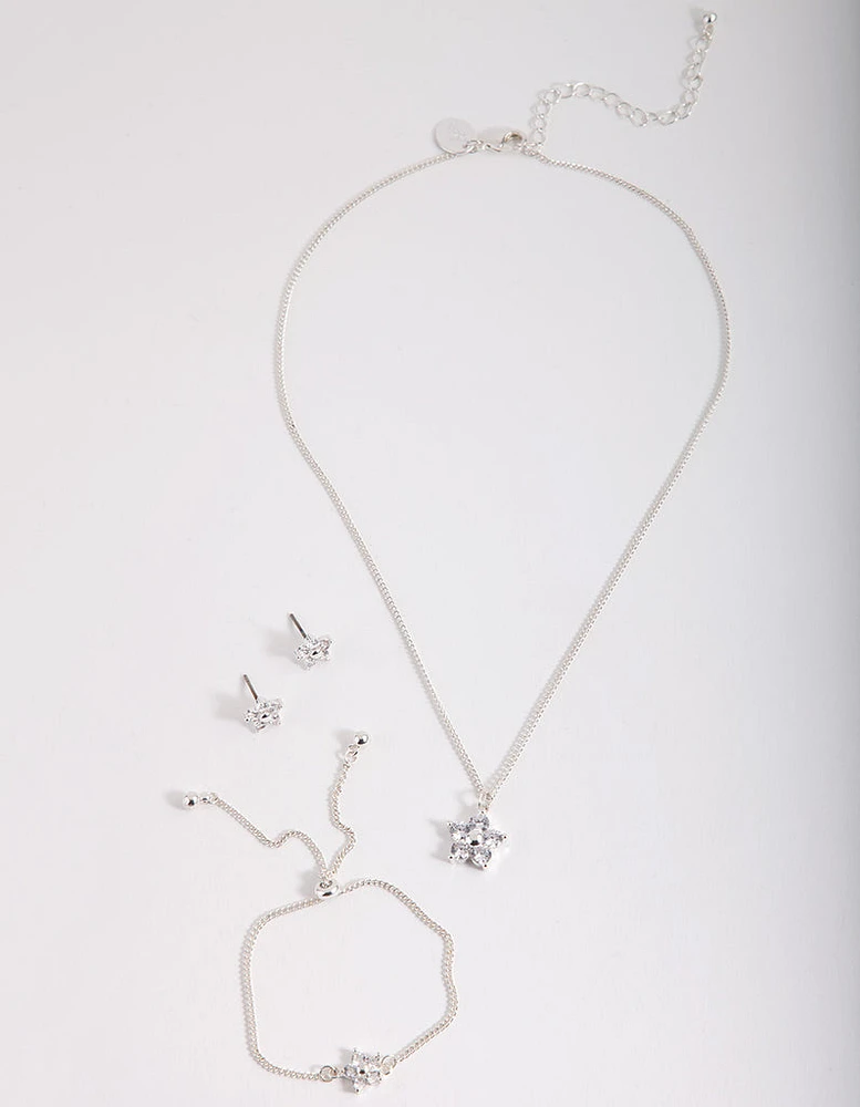 Kids Silver Cubic Zirconia Flower Jewellery Set