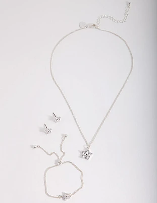 Kids Silver Cubic Zirconia Flower Jewellery Set