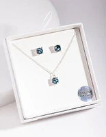 Silver Diamond Simulant Aqua Necklace & Earring Set