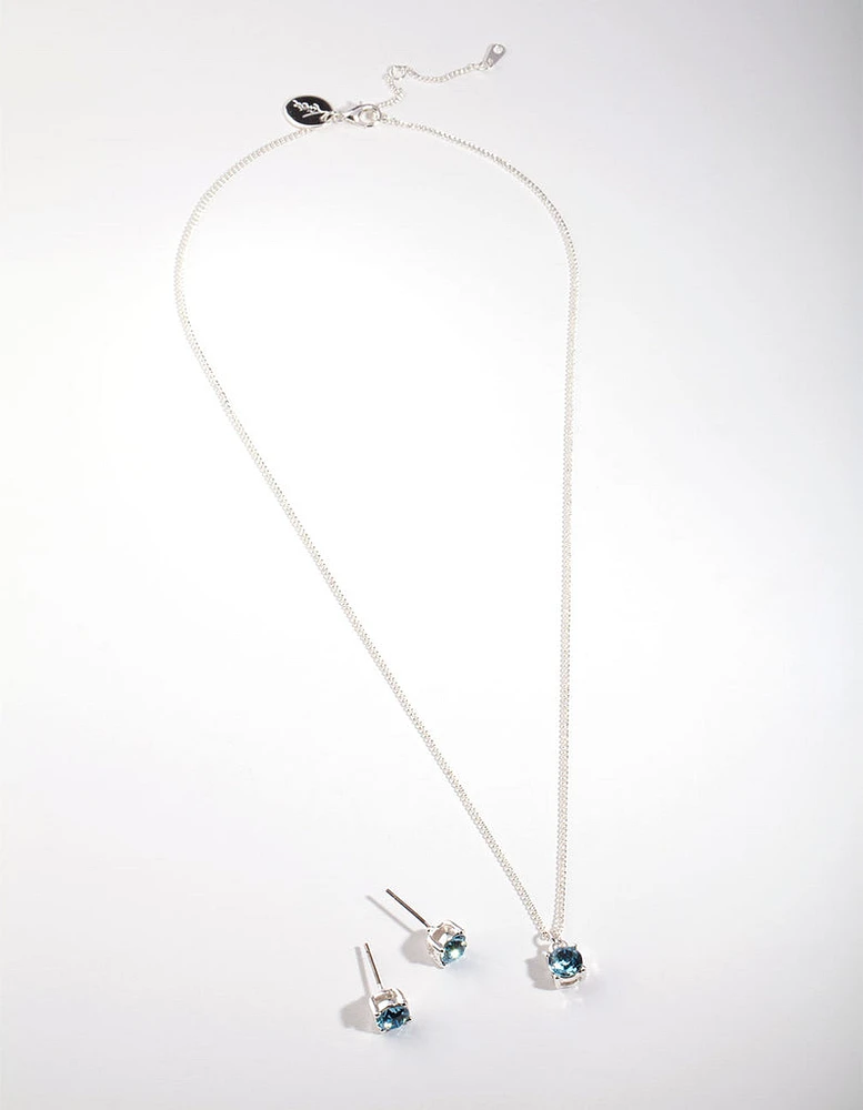 Silver Diamond Simulant Aqua Necklace & Earring Set