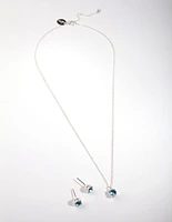 Silver Diamond Simulant Aqua Necklace & Earring Set