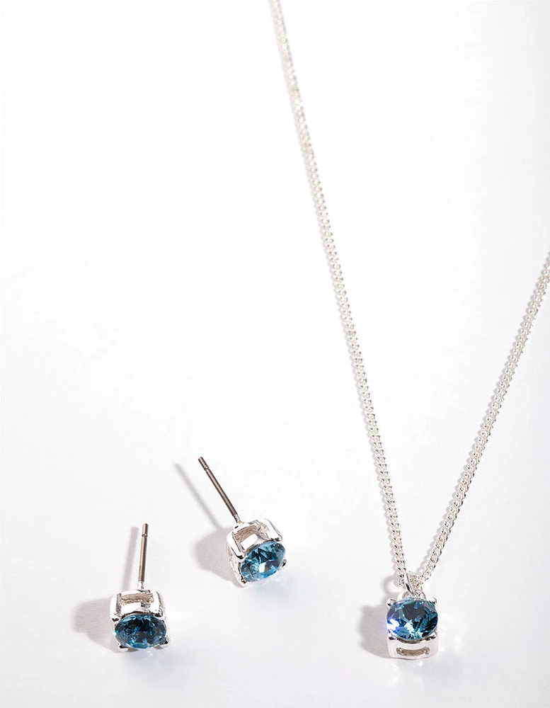 Silver Diamond Simulant Aqua Necklace & Earring Set