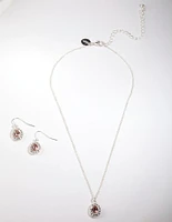 Silver Diamond Simulants Jewel Teardrop Stone Necklace & Earrings Set