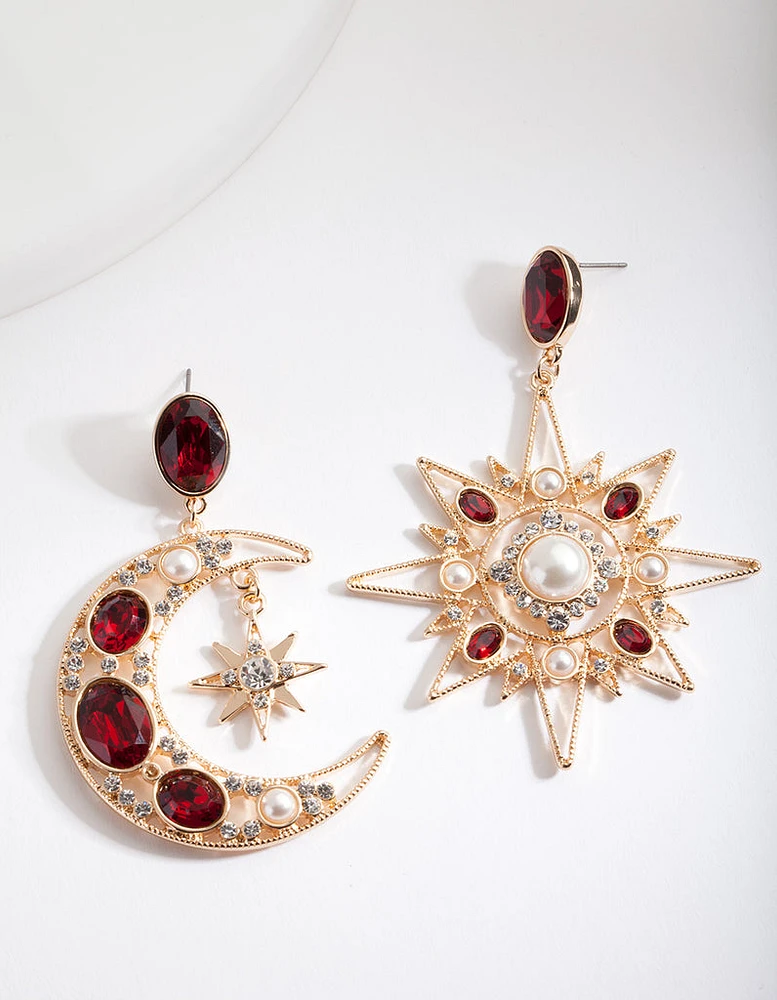 Red Star & Moon Drop Earrings