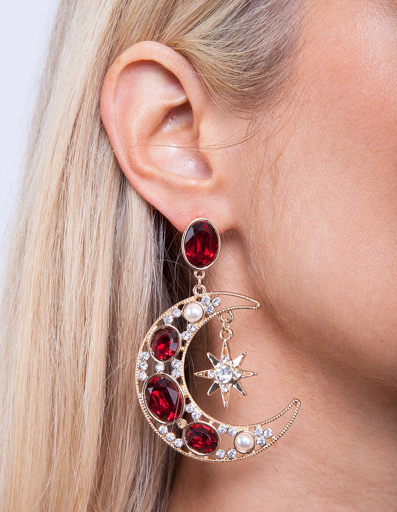 Red Star & Moon Drop Earrings