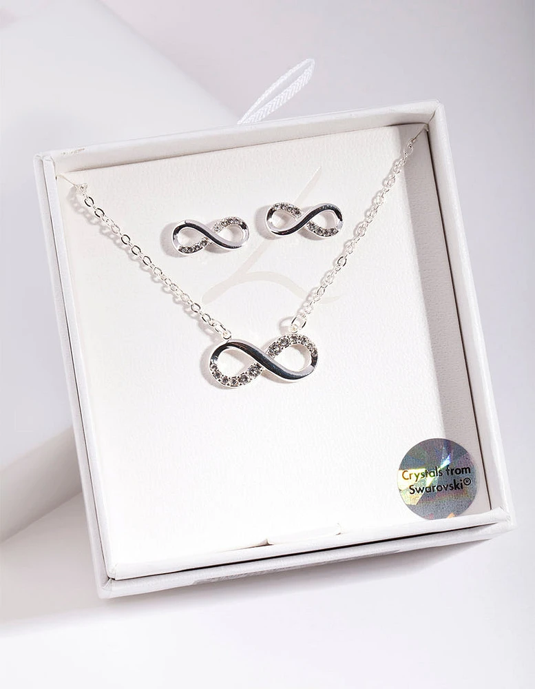 Silver Diamond Simulant Infinity Necklace & Earrings Set