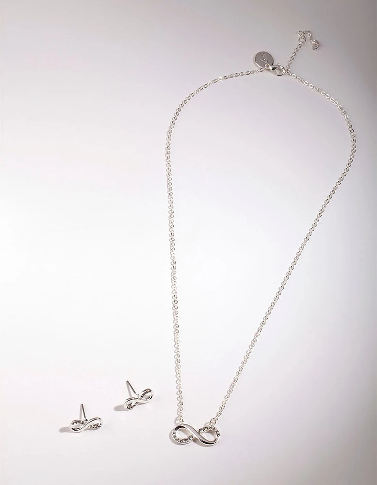 Silver Diamond Simulant Infinity Necklace & Earrings Set