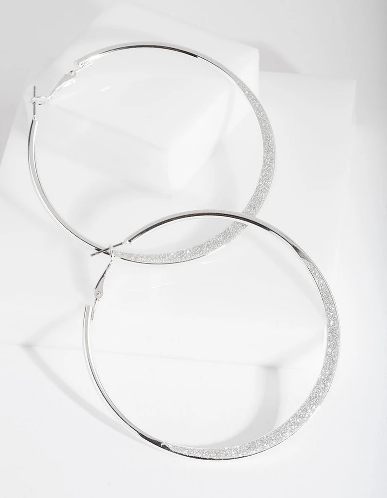 Large Silver Glitter Edge Hoop Earrings