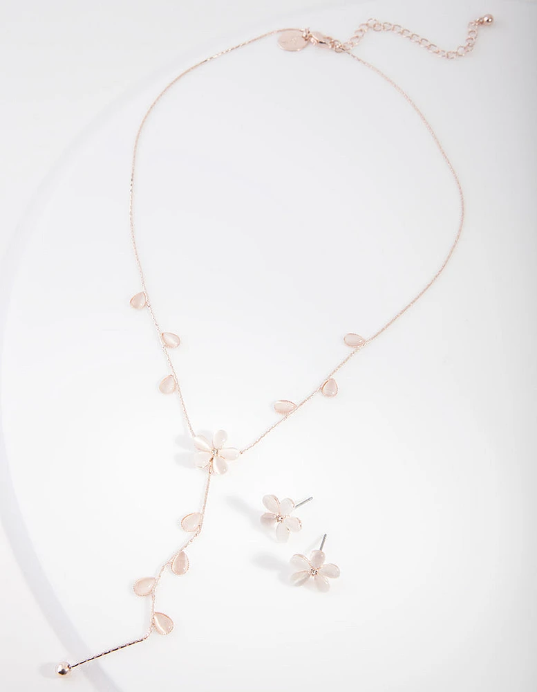 Rose Gold Floral Earrings Necklace Set