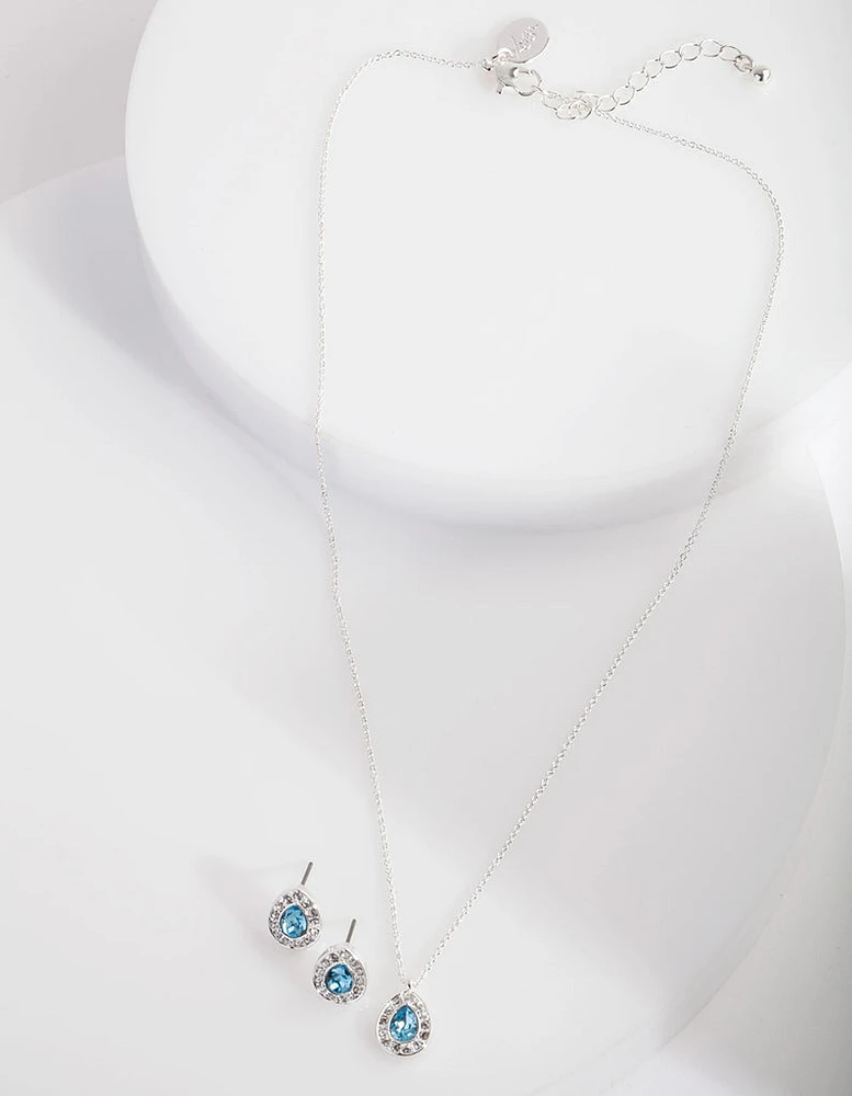 Blue Diamond Simulant Teardrop Earrings & Necklace Set