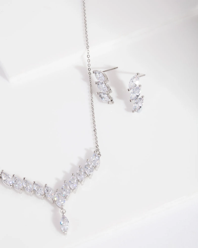 Diamond Simulant Slanted Earrings Necklace Set