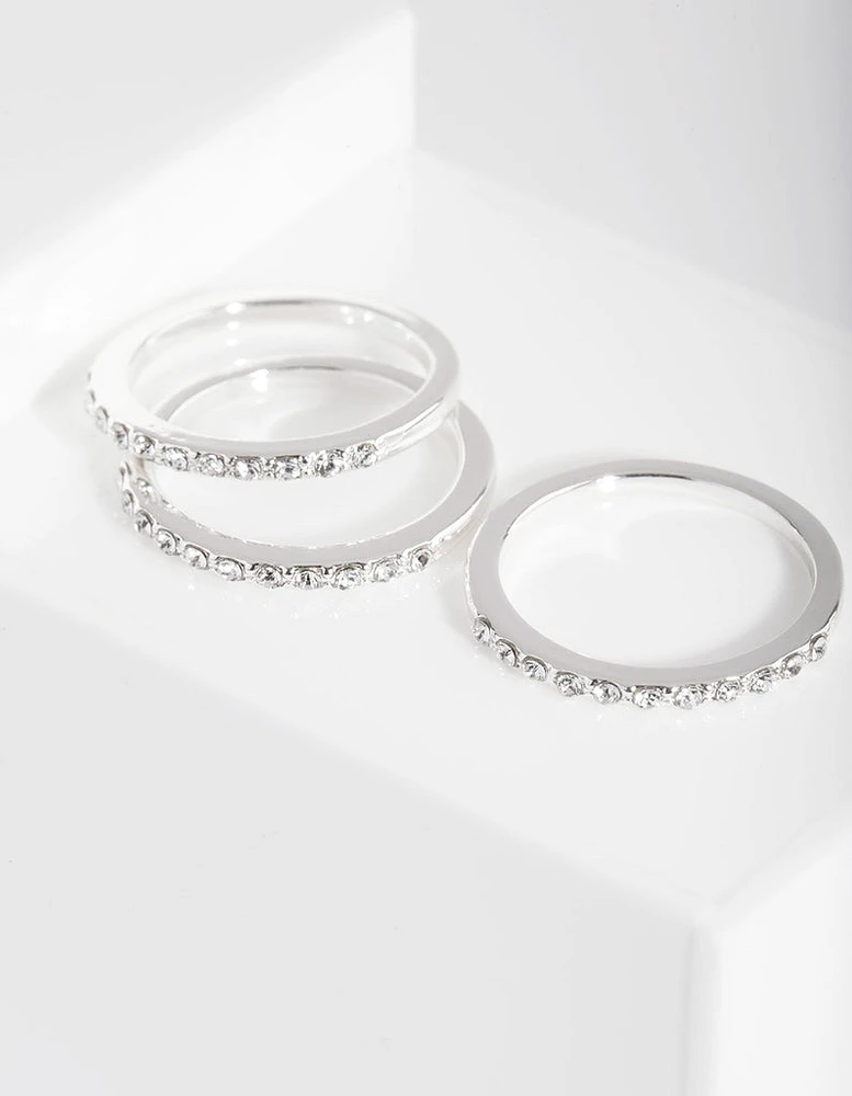 Silver Diamond Simulant Thin Ring Set