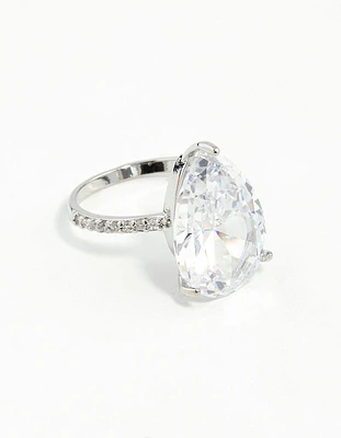 Rhodium Cubic Zirconia Large Pear Stone Ring